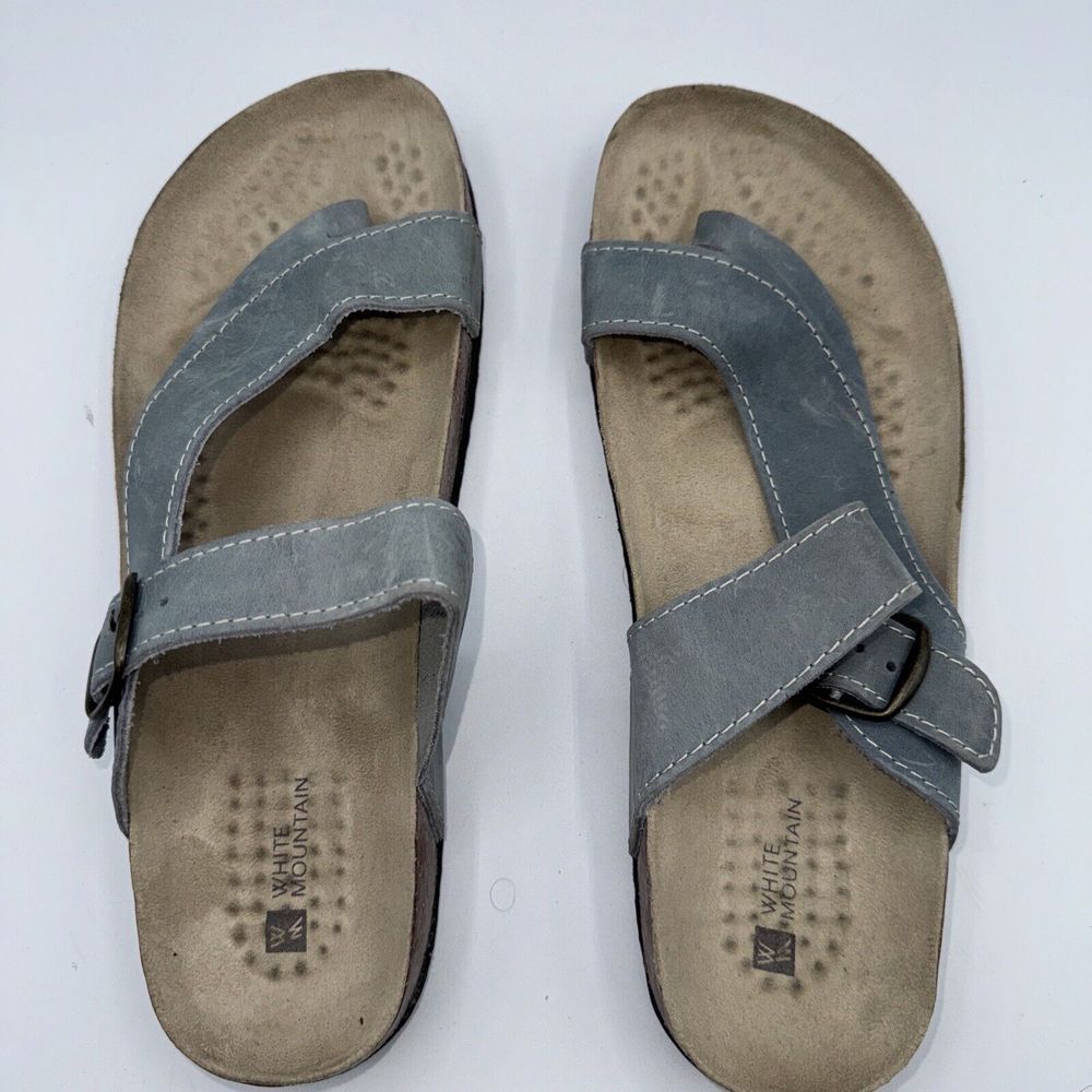 White Mountain Sandal Carly Footbed BlueLeather Thong Slide Shoes Womens Size 11